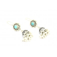 Handmade 925 Sterling Silver Earrings Jhumki with Natural Turquoise Pearl Stones